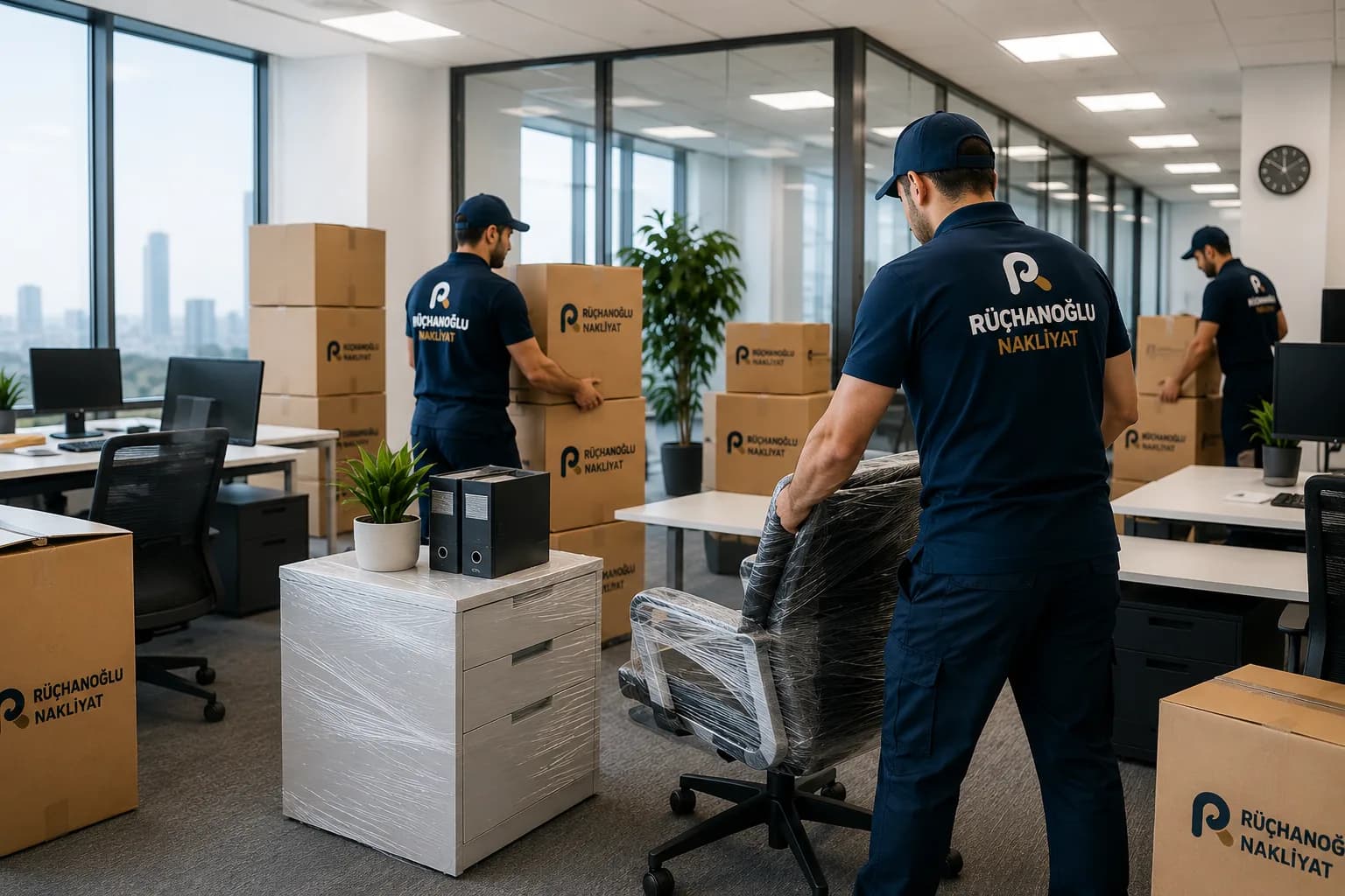 Rüçhanoğlu Nakliyat ekibi ofis taşımacılığında eşya paketleme ve taşıma yaparken