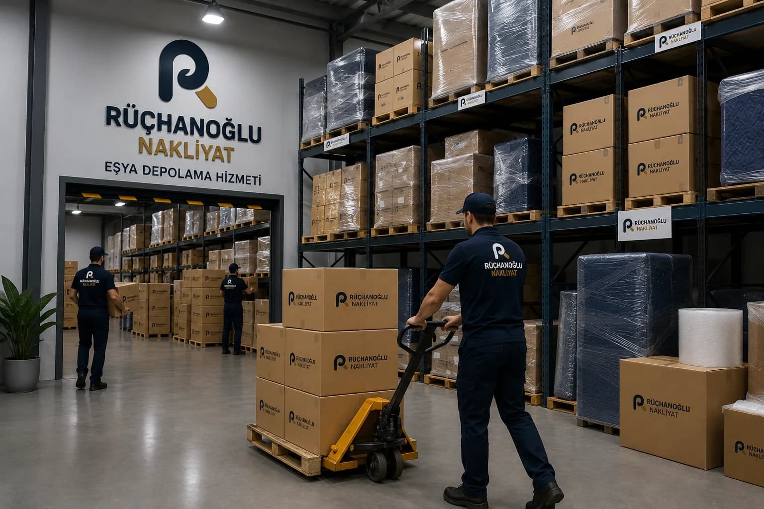 Rüçhanoğlu Nakliyat eşya depolama tesisinde raflara istiflenmiş paletli kutular