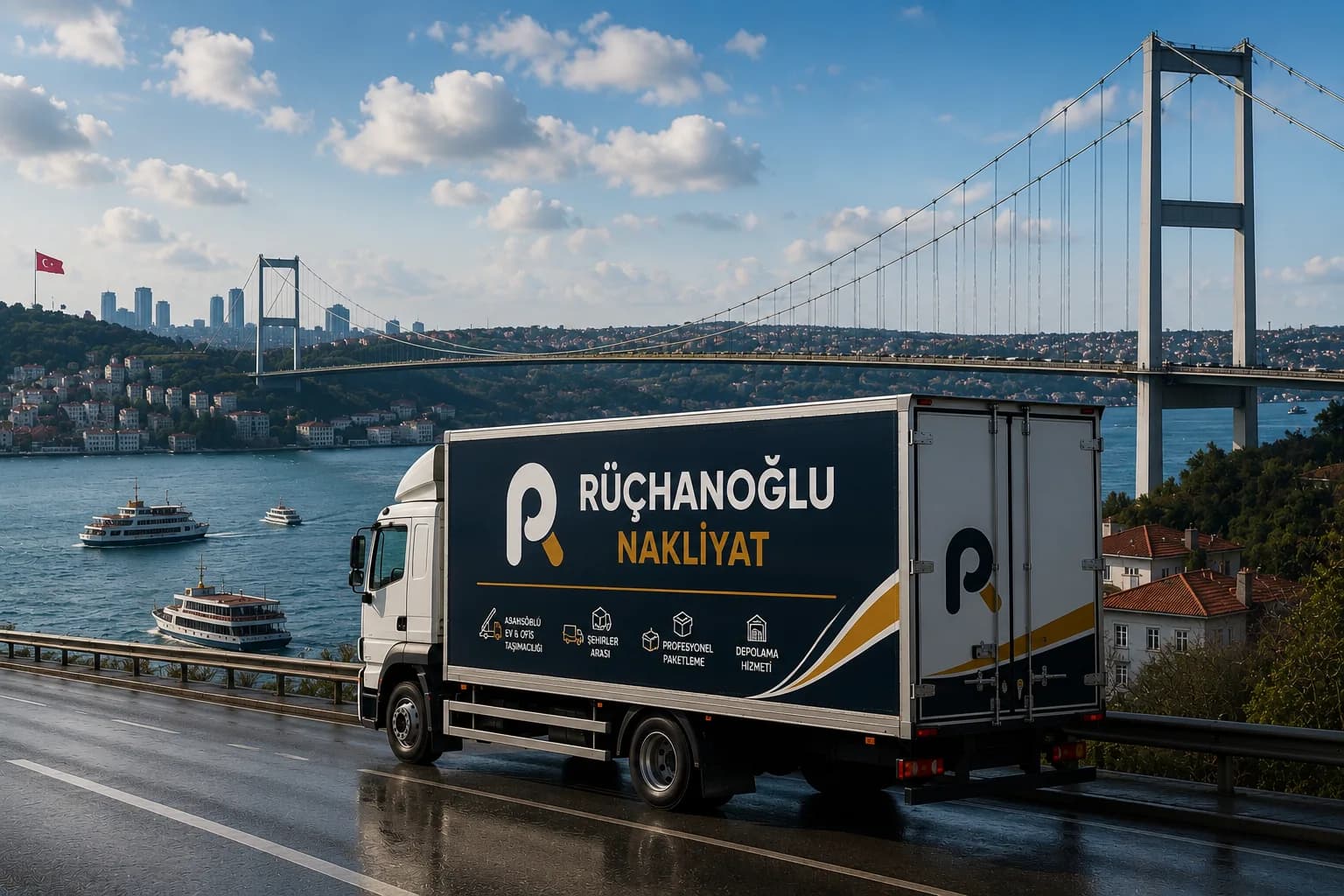 Rüçhanoğlu Nakliyat şehirlerarası nakliye kamyonu İstanbul Boğaziçi Köprüsü üzerinde